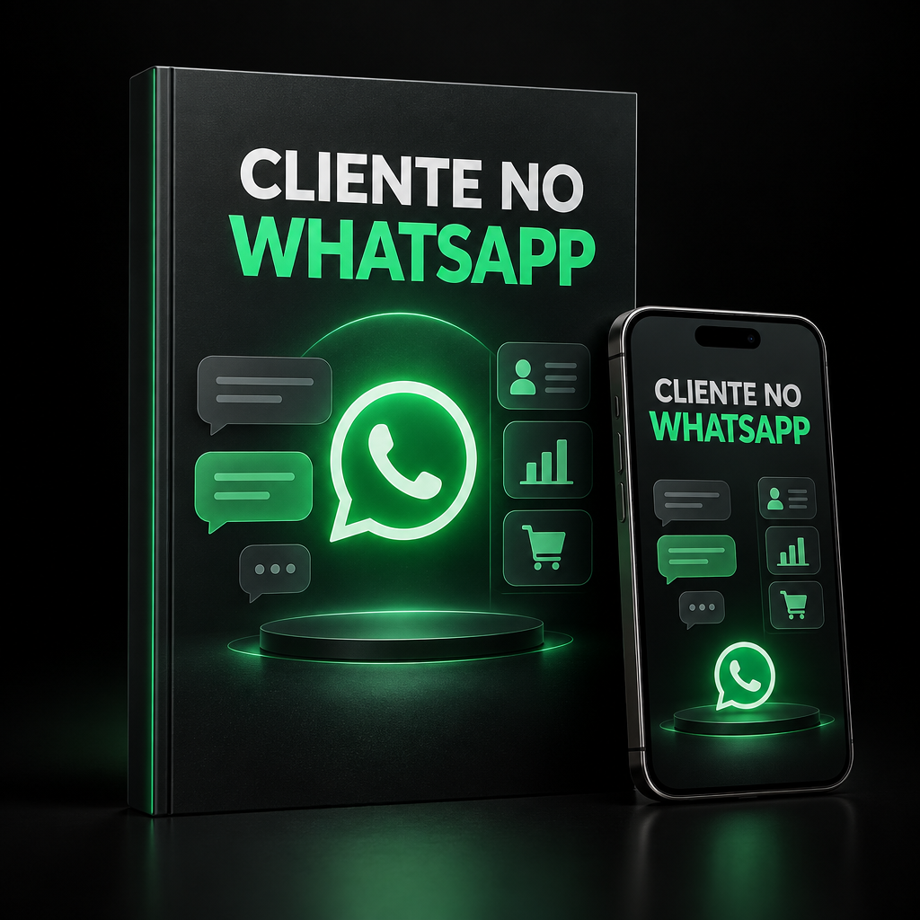 Mockup do material digital Cliente no WhatsApp em um guia e um celular